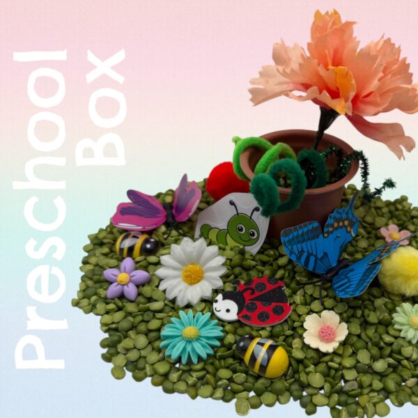 Preschool craft box with flowers and insects.